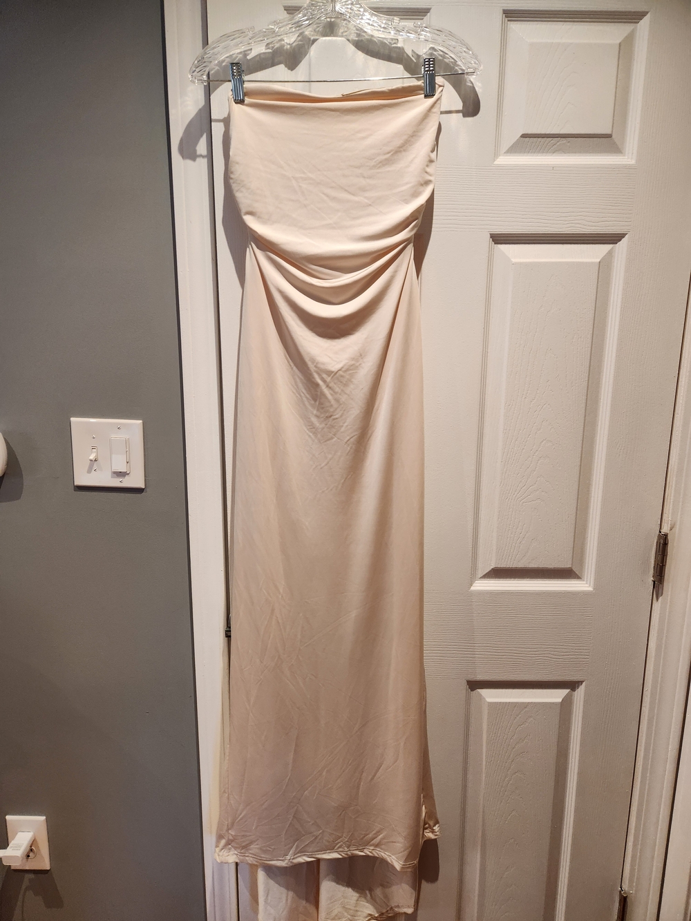 Cream Strapless Maxi Dress fully lined ruching in the back